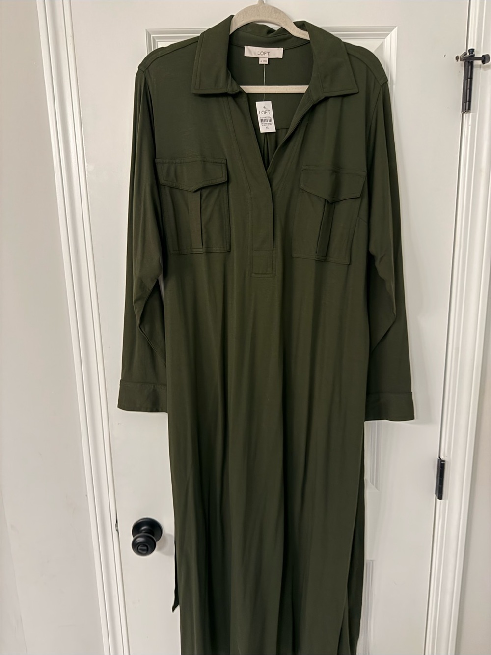 LOFT Olive Green Maxi Shirt Dress with Chest Pockets